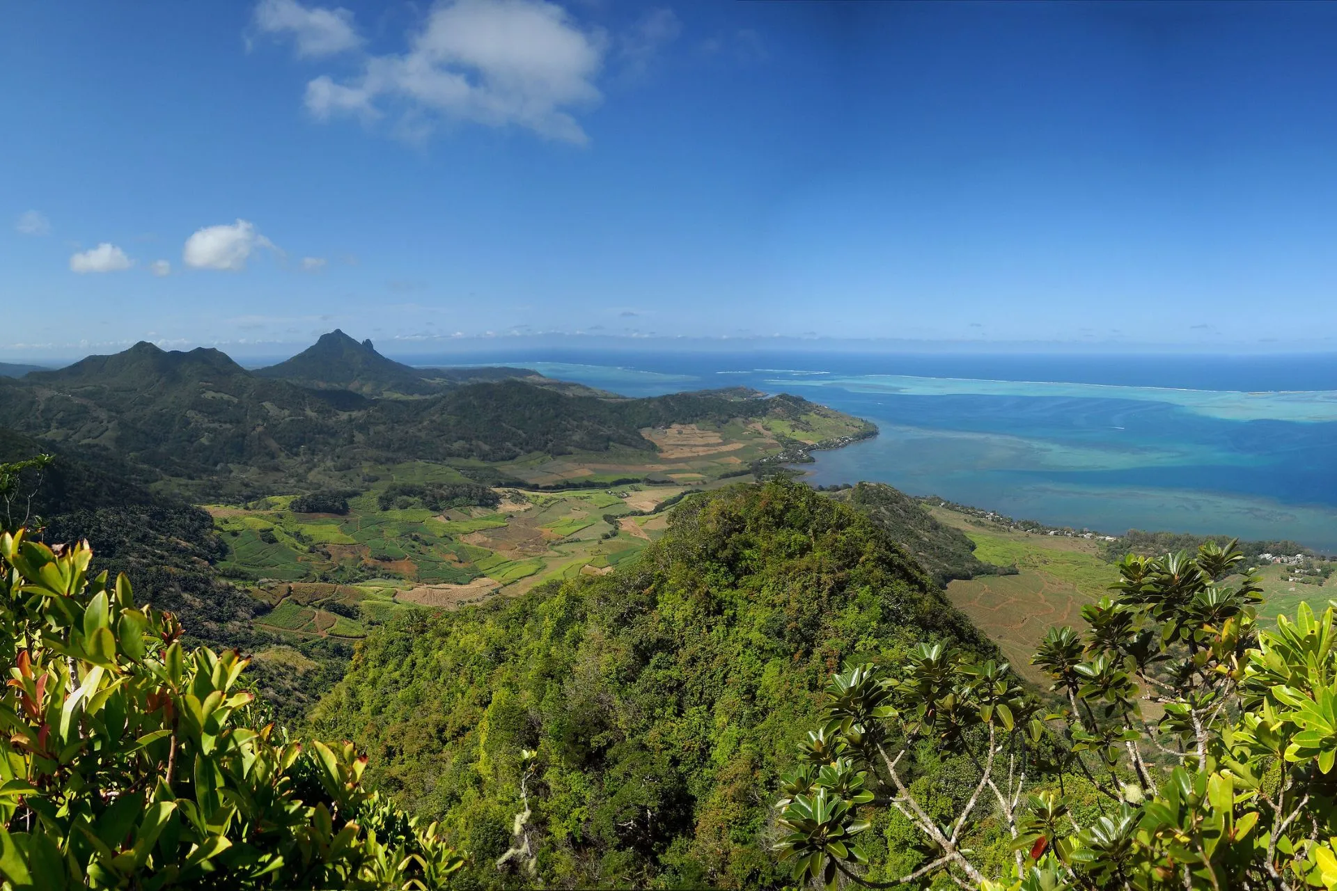 View of Bambous from Port Lion mountain and lagoon, Mauritius