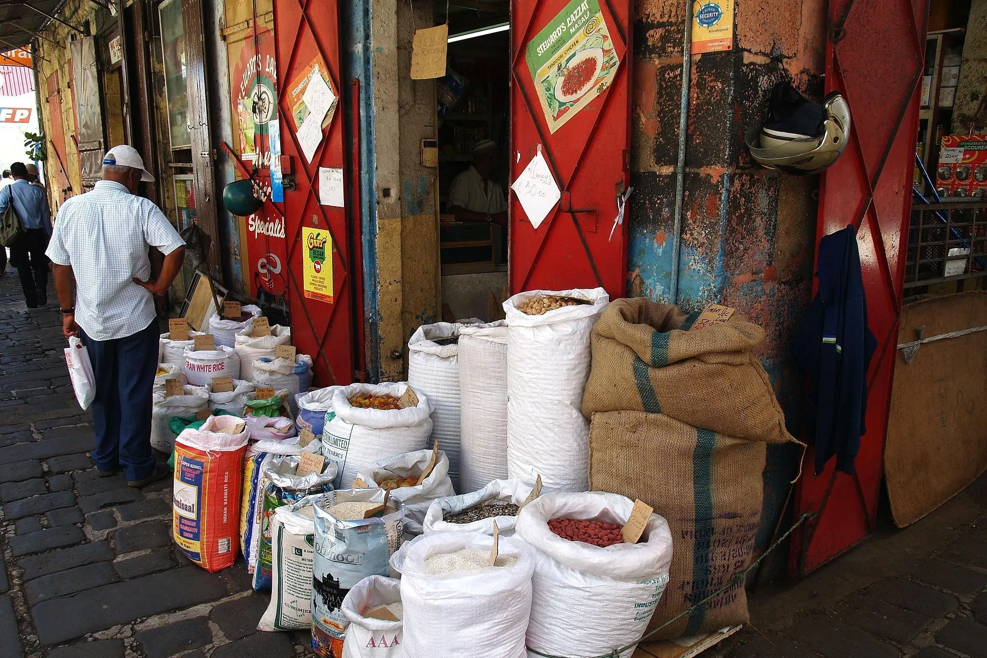 Bags of Spices in Central Market streets of Port Louis, Mauritius