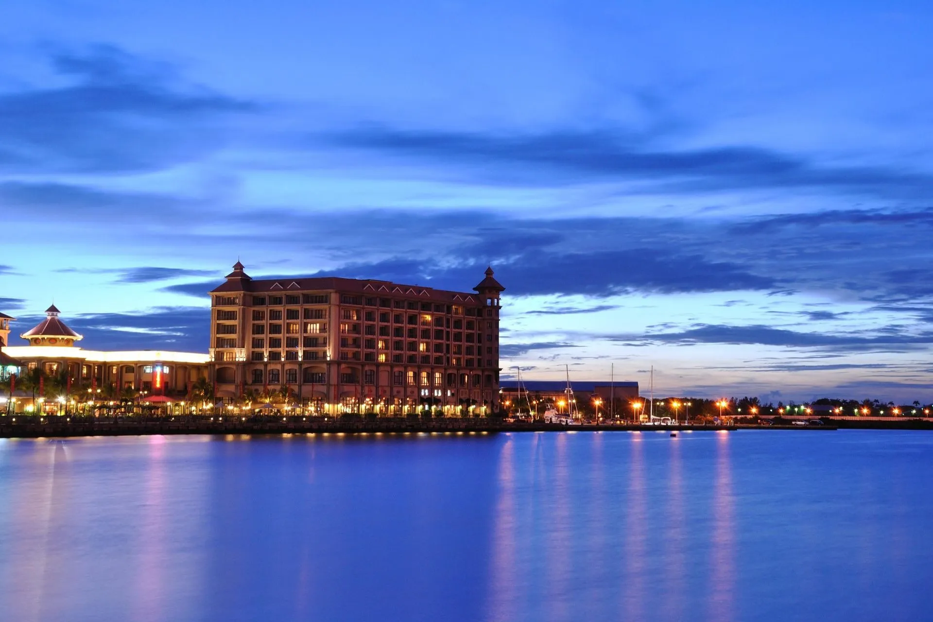 Caudan Waterfront at night in Port Louis, Mauritius