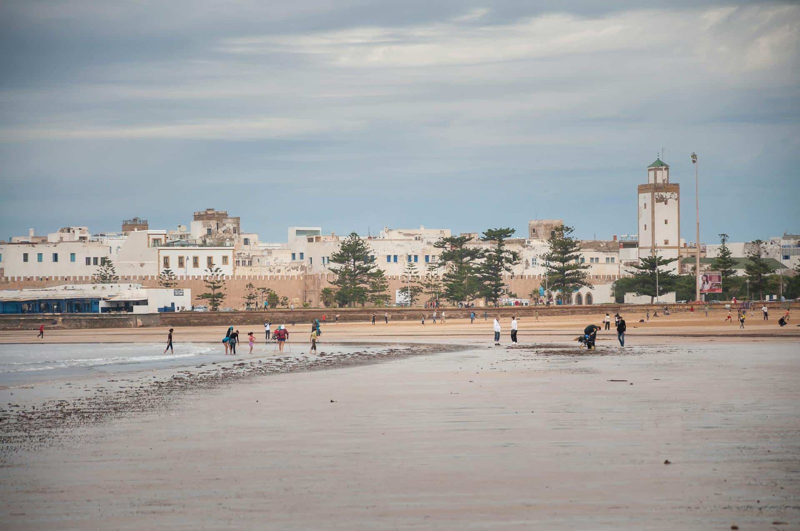 Sandy beach with the view of the Medina in Essaouira, Morocco