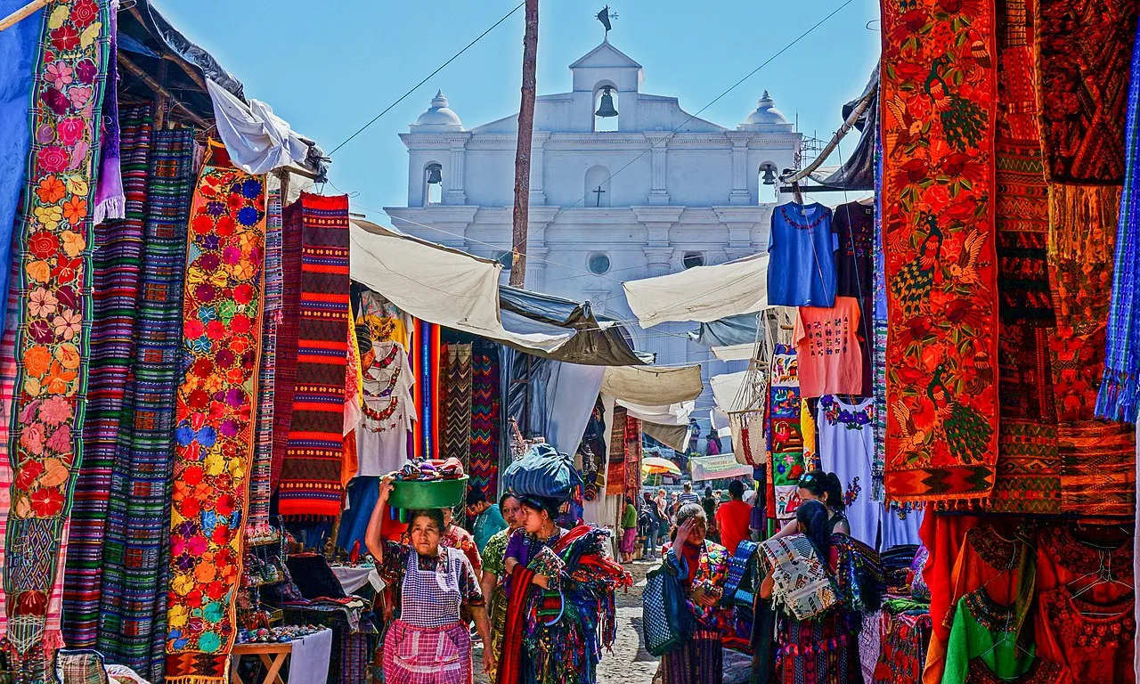 Chichicastenango colorful Market with Central Church, Guatemala