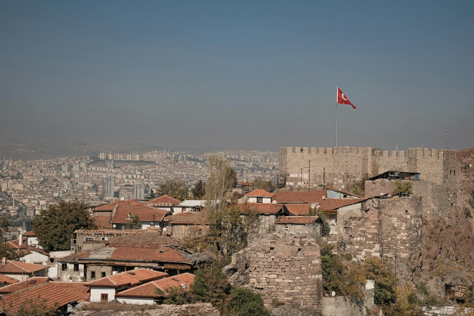Turkish Flag Flying above Ankara Castle in Türkiye