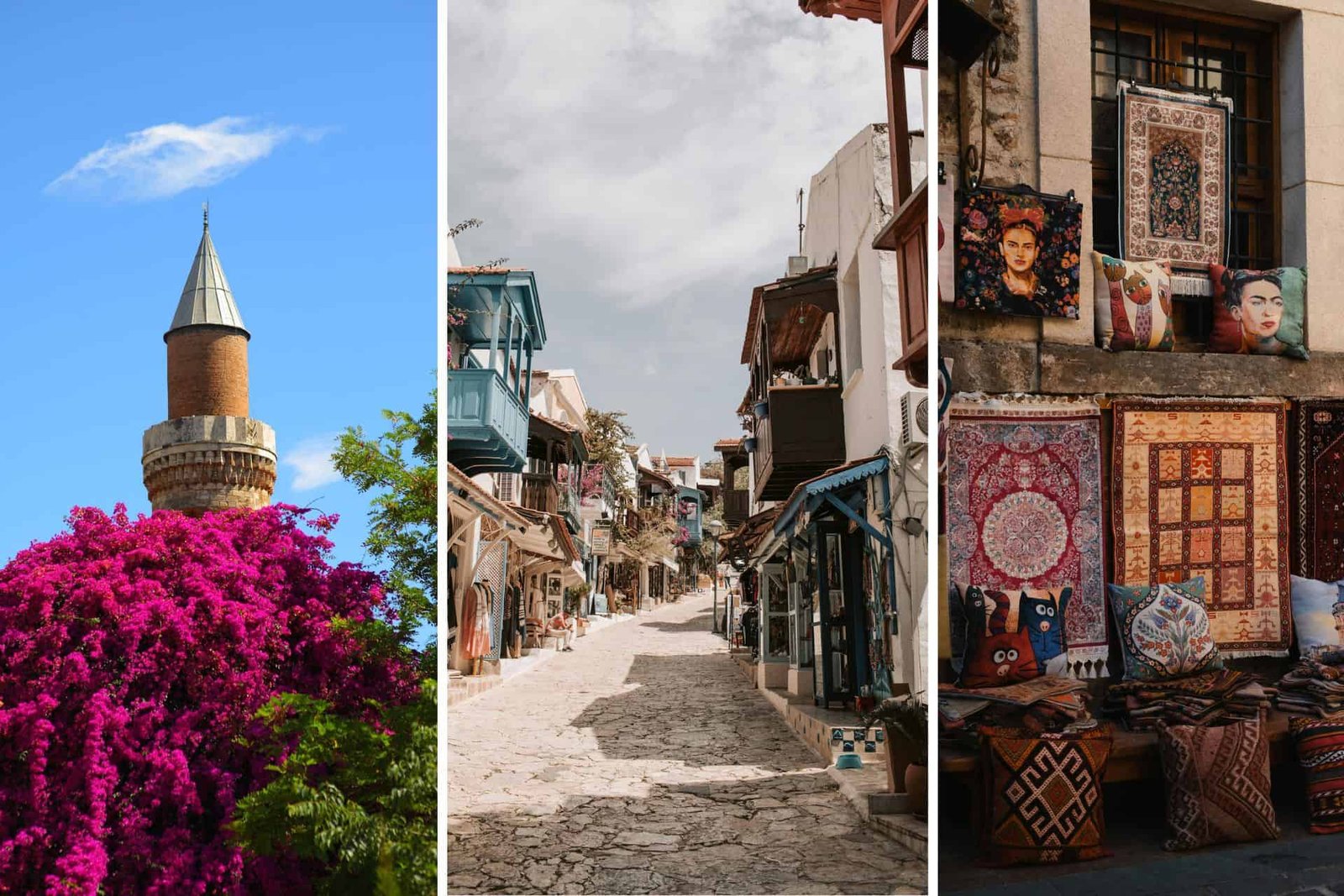 Different Views on the Antalya Old Town, with a Mosque, a Narrow Street and a Carpet Shop in Antalya, Türkiye