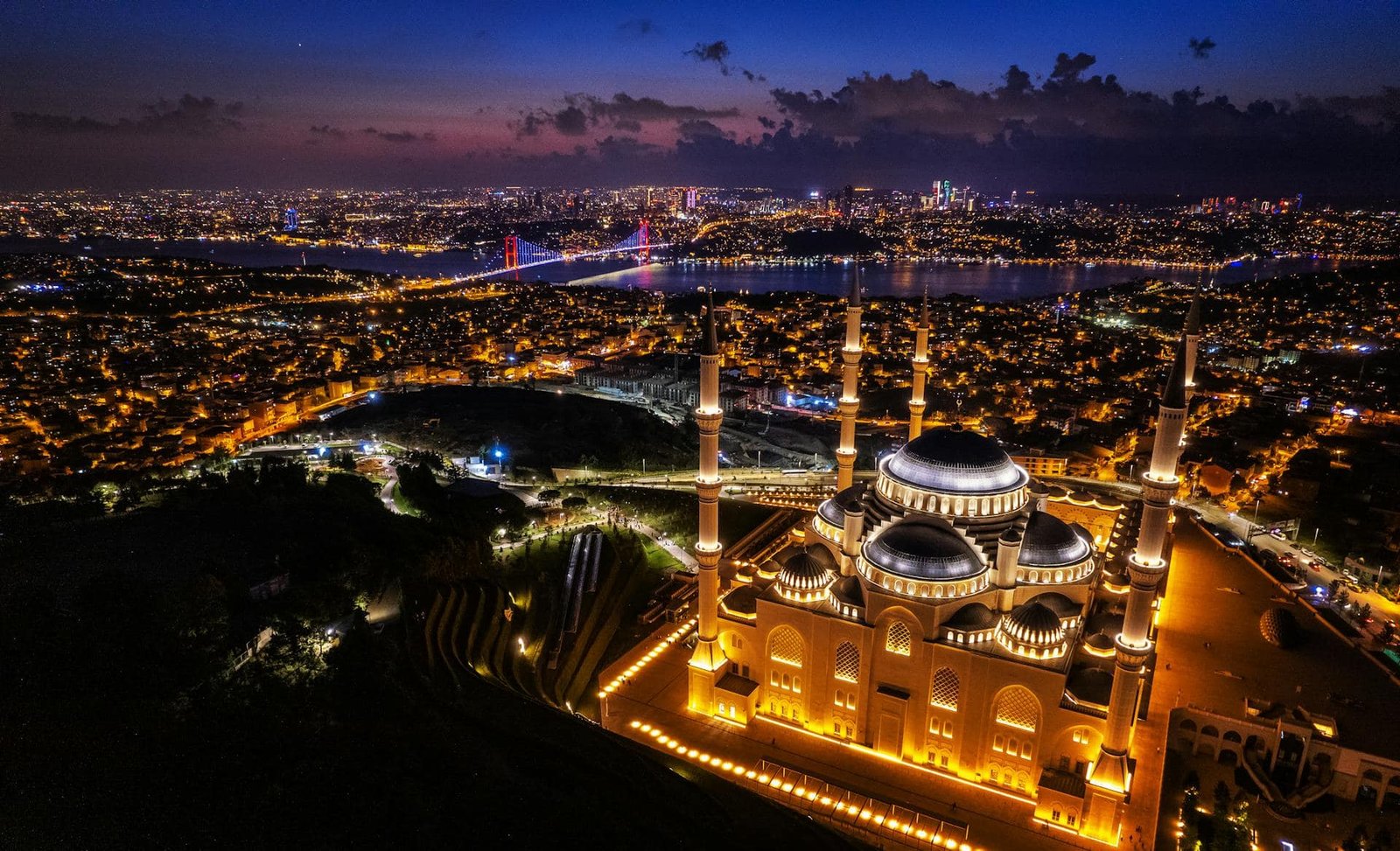 Aerial View of Çamlıca Mosque at Night, Istanbul, Türkiye