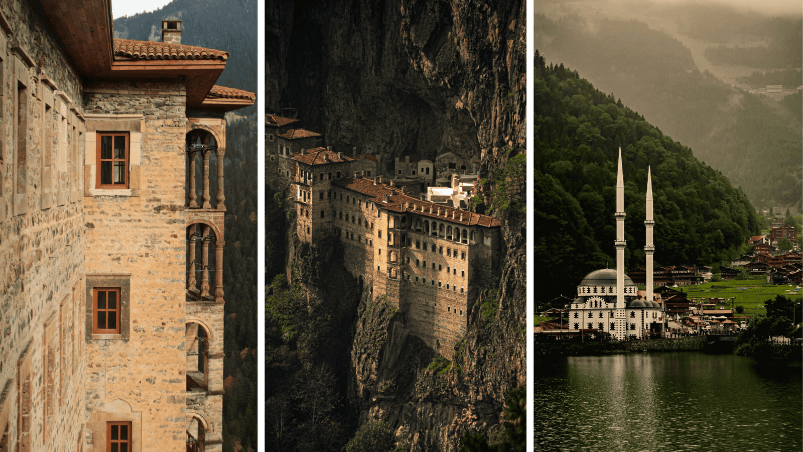 View on the Sumela Monastery in Macka & Uzungol Mosque on the Lakeshore, Türkiye