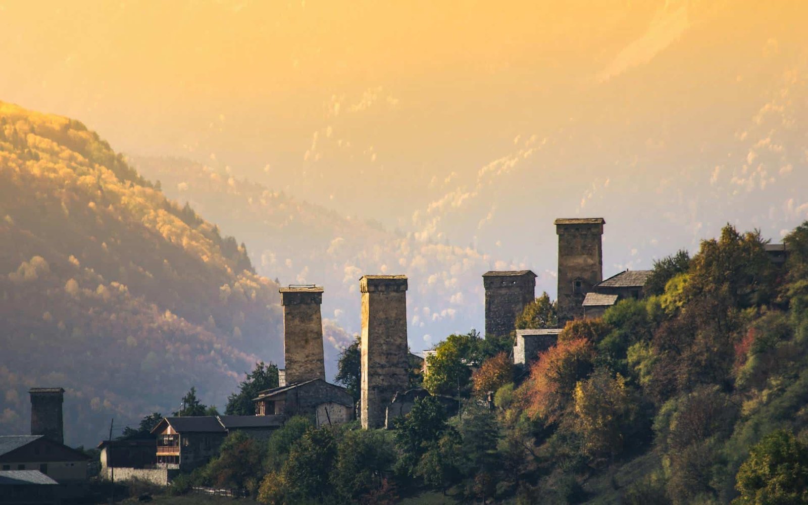 Mestia Brown Tower Buildings on Top of Mountain, Georgia