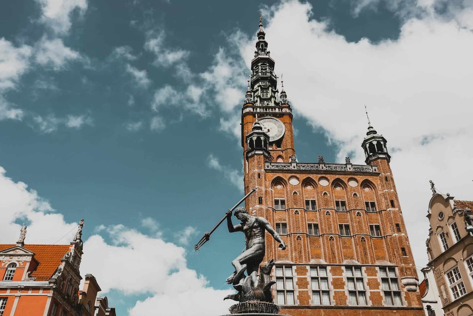 A view on the Neptune's Fountain and the Main Town Hall in Gdańsk, Poland