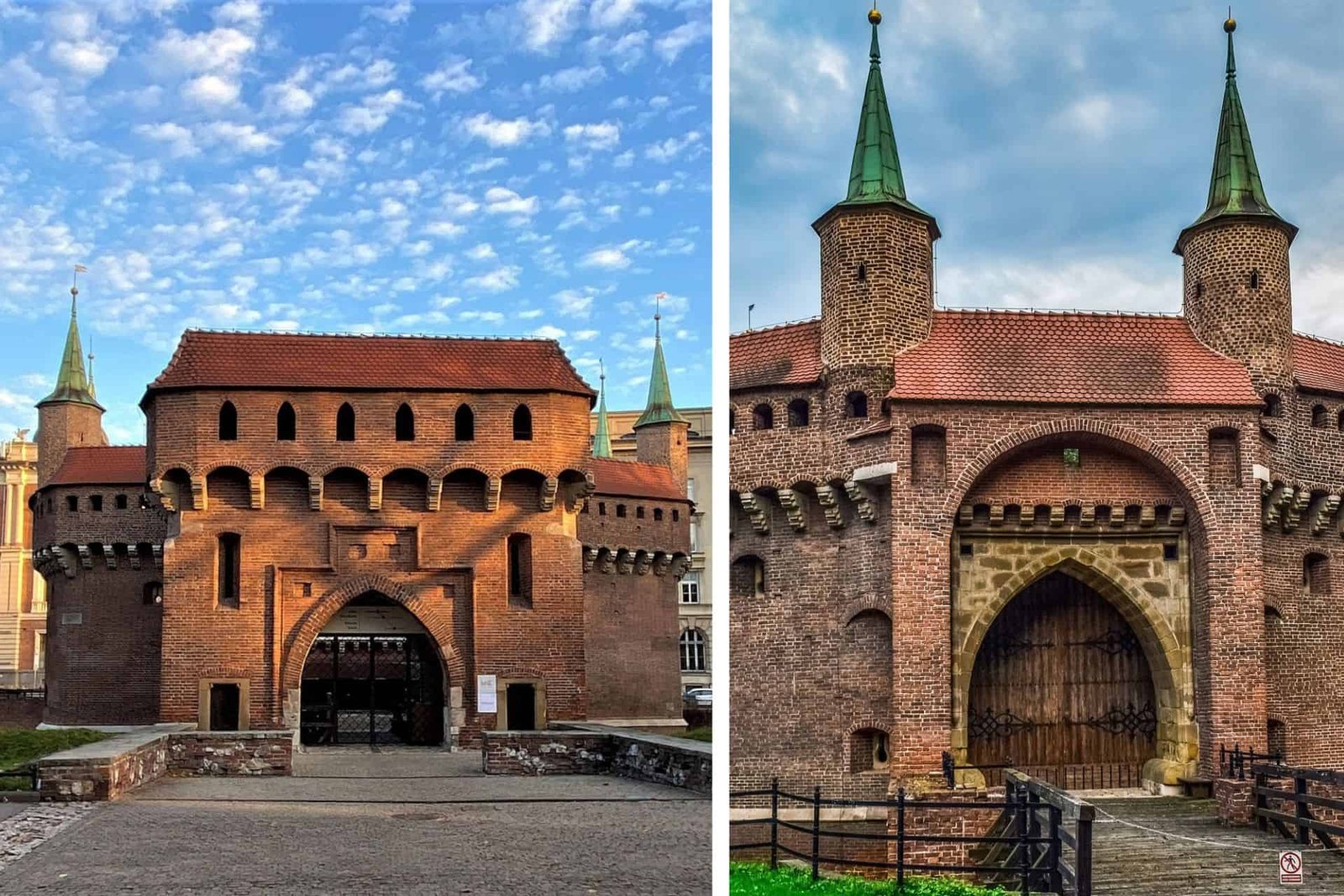 Two views on the entrances of the Barbican and its stone Fortress in Kraków, Poland