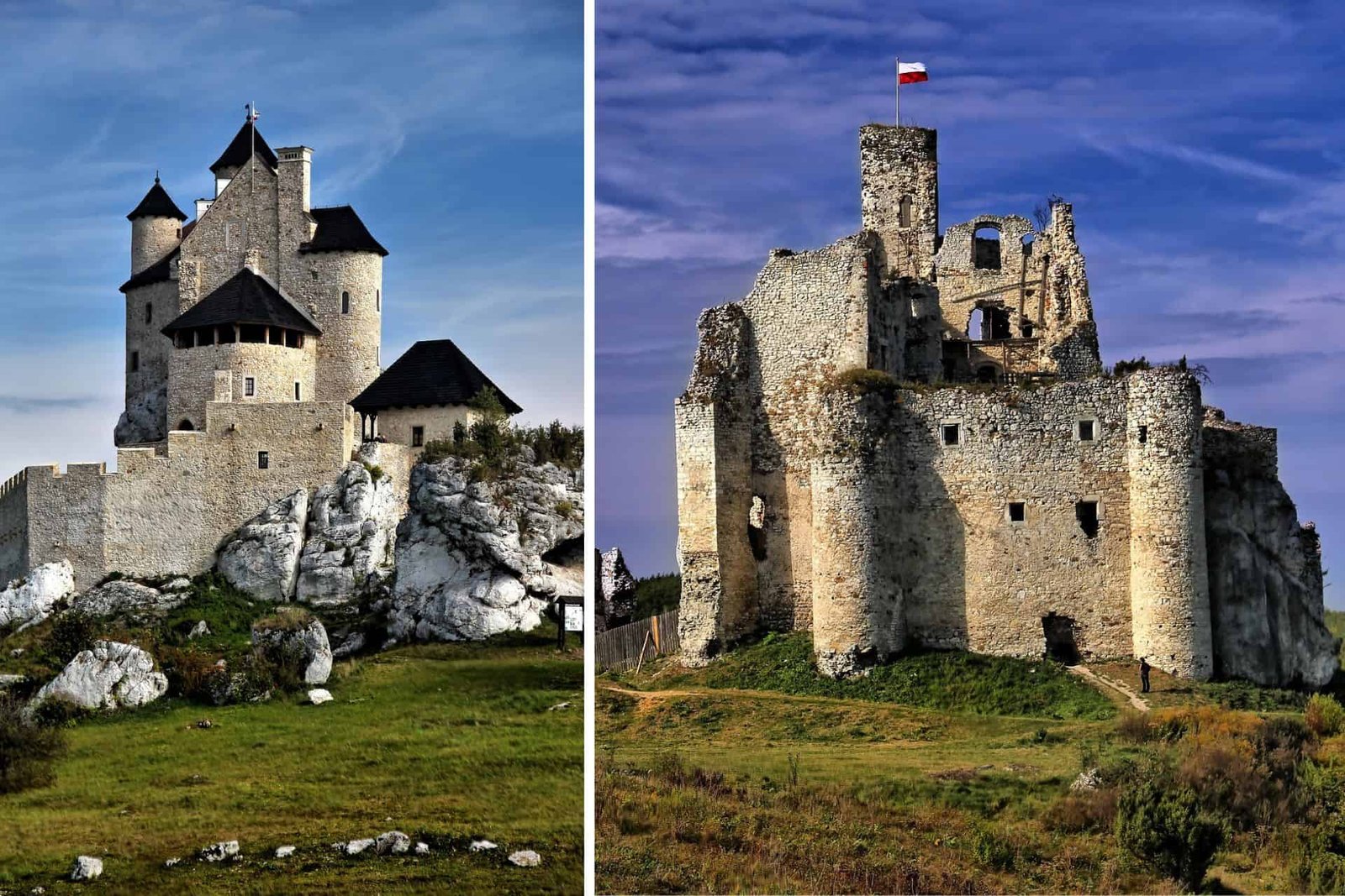 On the left, a view of the Bobolice Royal Castle, on the right, Mirów Ruins, 100km from Kraków, Poland