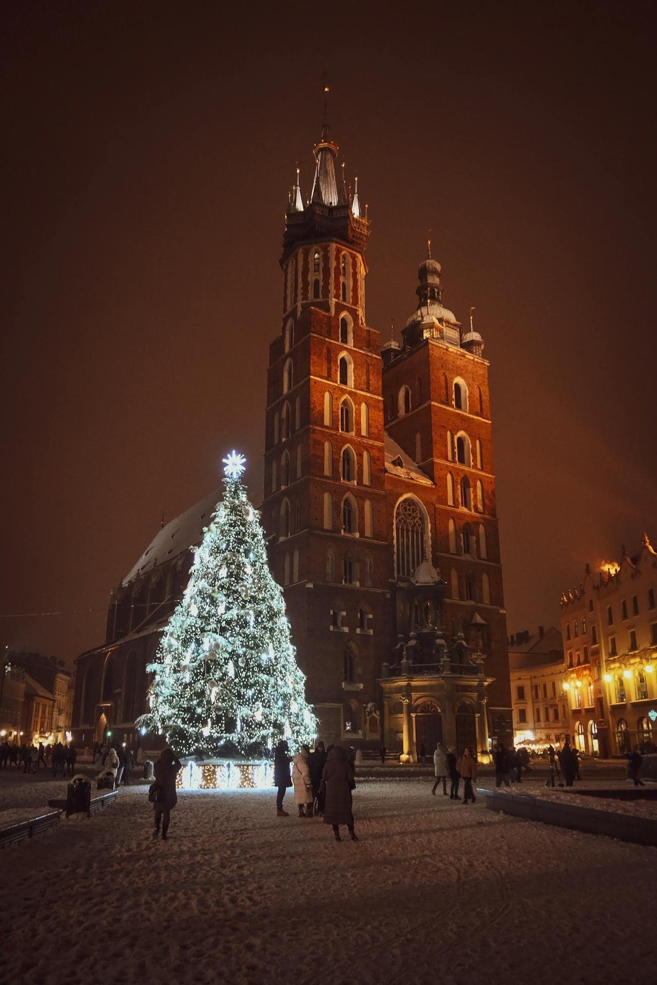 A view on the St. Mary's Basilica at Night in Kraków, Poland